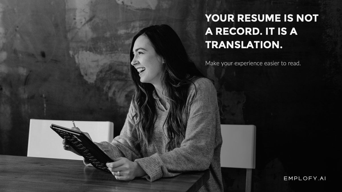 Black-and-white editorial photo of a smiling professional holding a portfolio at a table, paired with a headline about making resume experience easier to read.