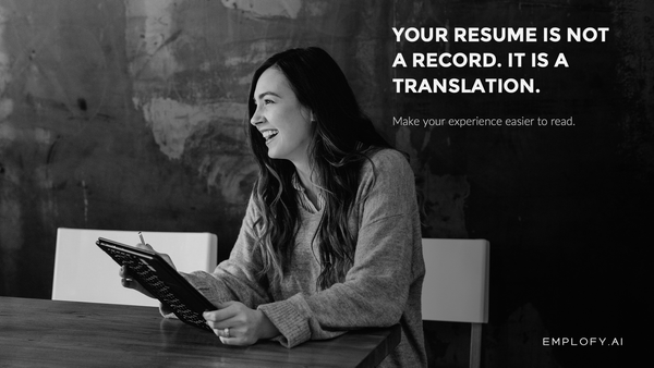 Black-and-white editorial photo of a smiling professional holding a portfolio at a table, paired with a headline about making resume experience easier to read.