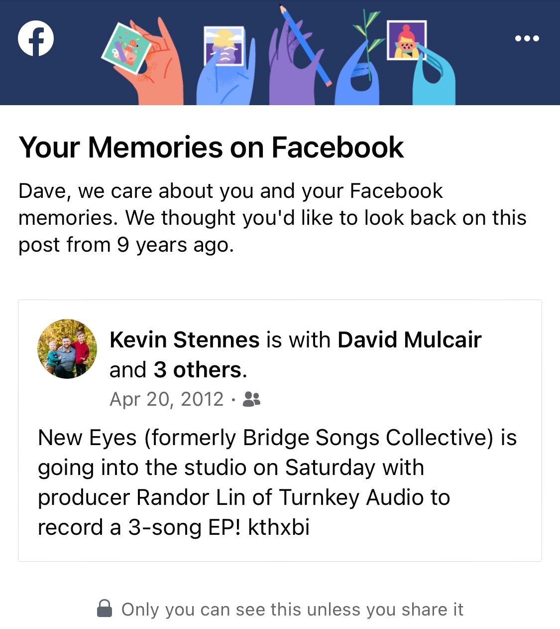 a Facebook memories screenshot from 9 years past
