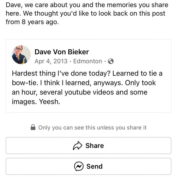 Facebook memory about learning to tie a bow tie.