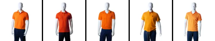 "Un manichino maschile con una polo arancio e pantaloni morbidi navy" - DALL·E