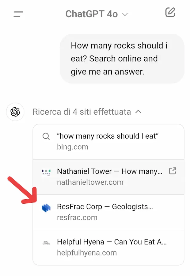 Un esempio di ricerca su ChatGPT