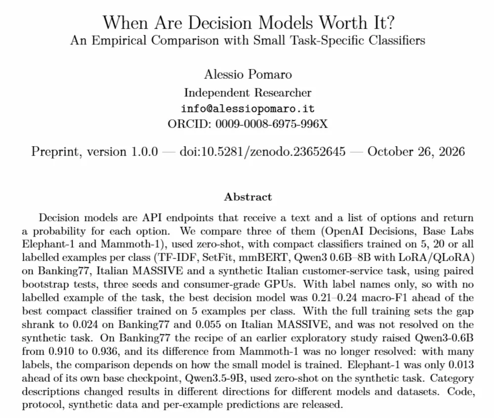 When Are Decision Models Worth It? An Empirical Comparison with Small Task-Specific Classifiers - Paper - Alessio Pomaro
