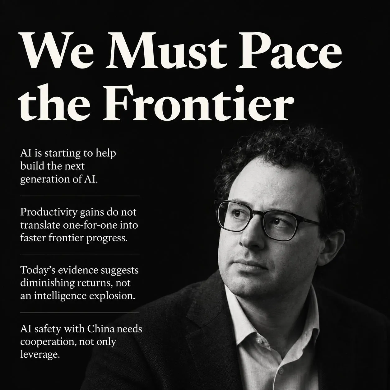 Copertina del saggio We Must Pace the Frontier con ritratto di Dario Amodei
