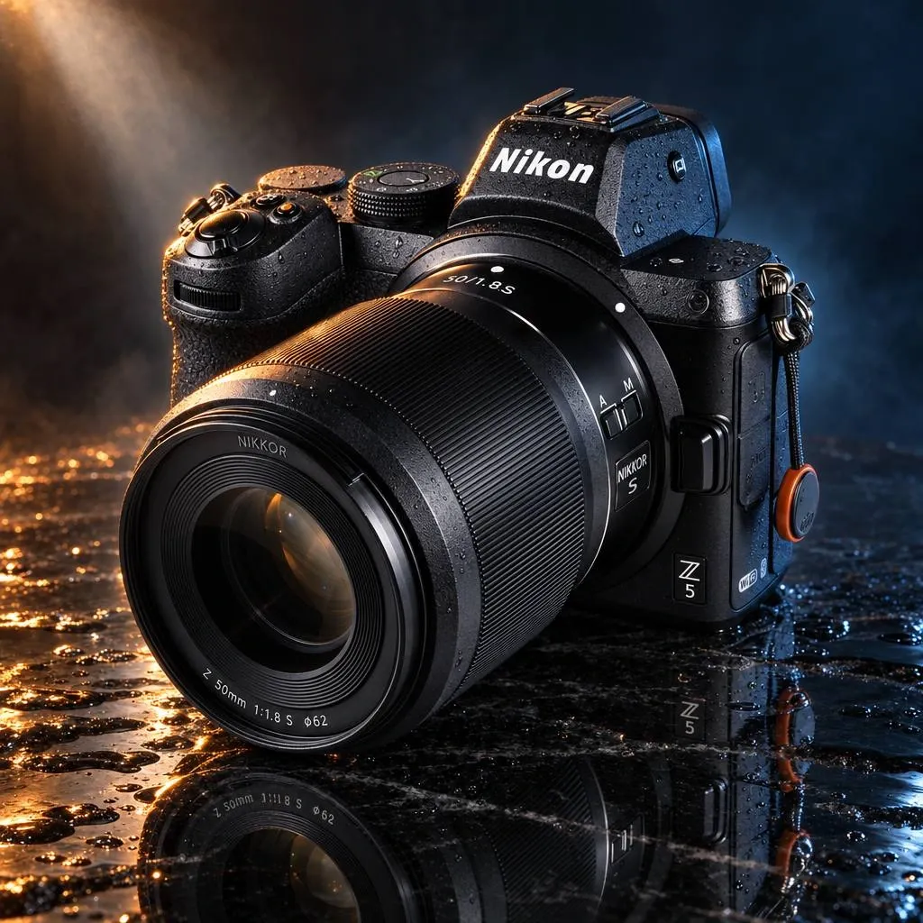 Fotocamera Nikon con lettering e dettagli di usura nel test di generazione