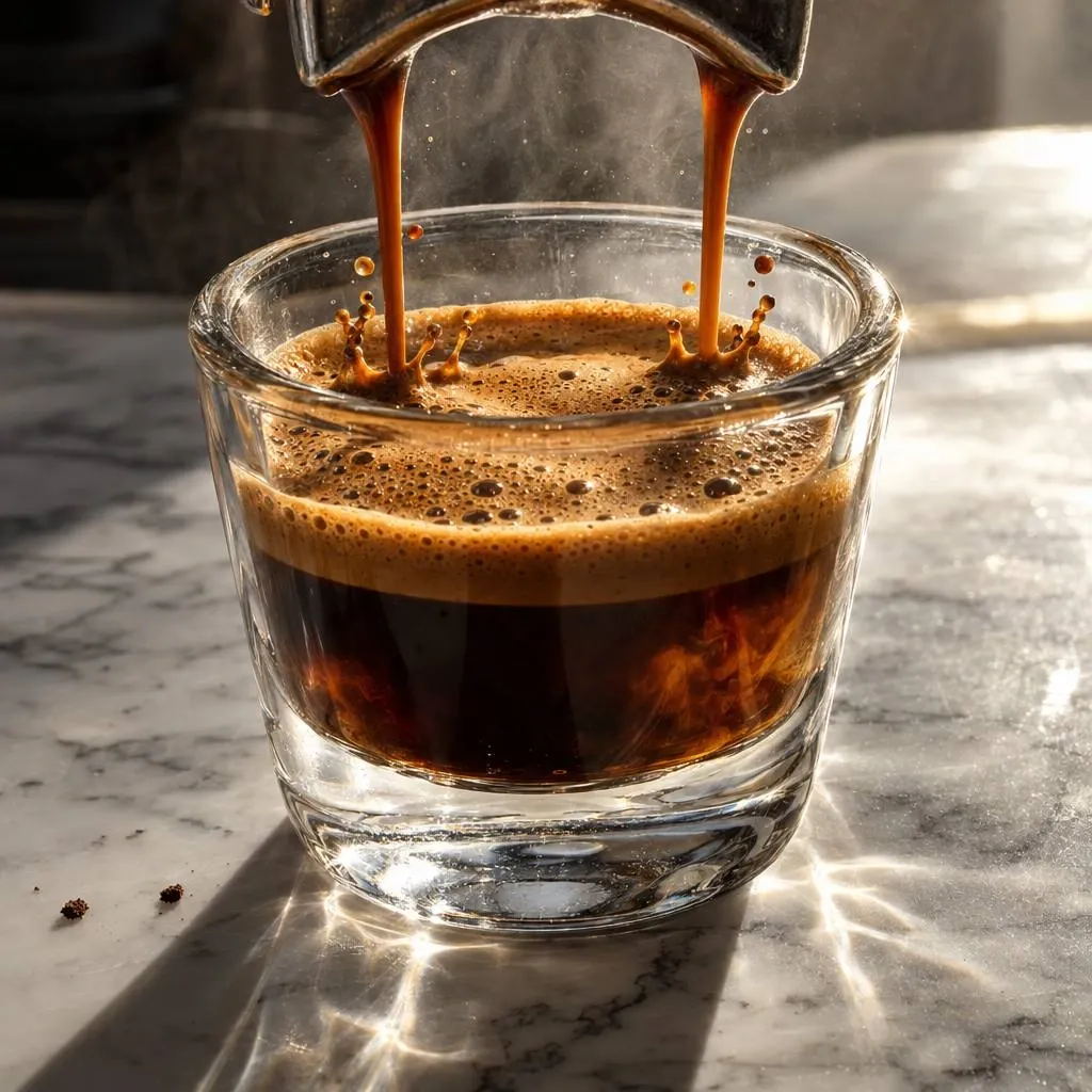 Dettaglio di caffè versato in un bicchiere con vapore e riflessi