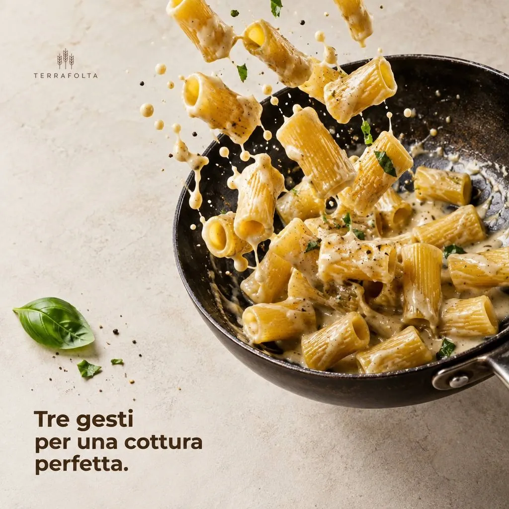 Creatività sulla cottura della pasta con fotografia, testo e composizione