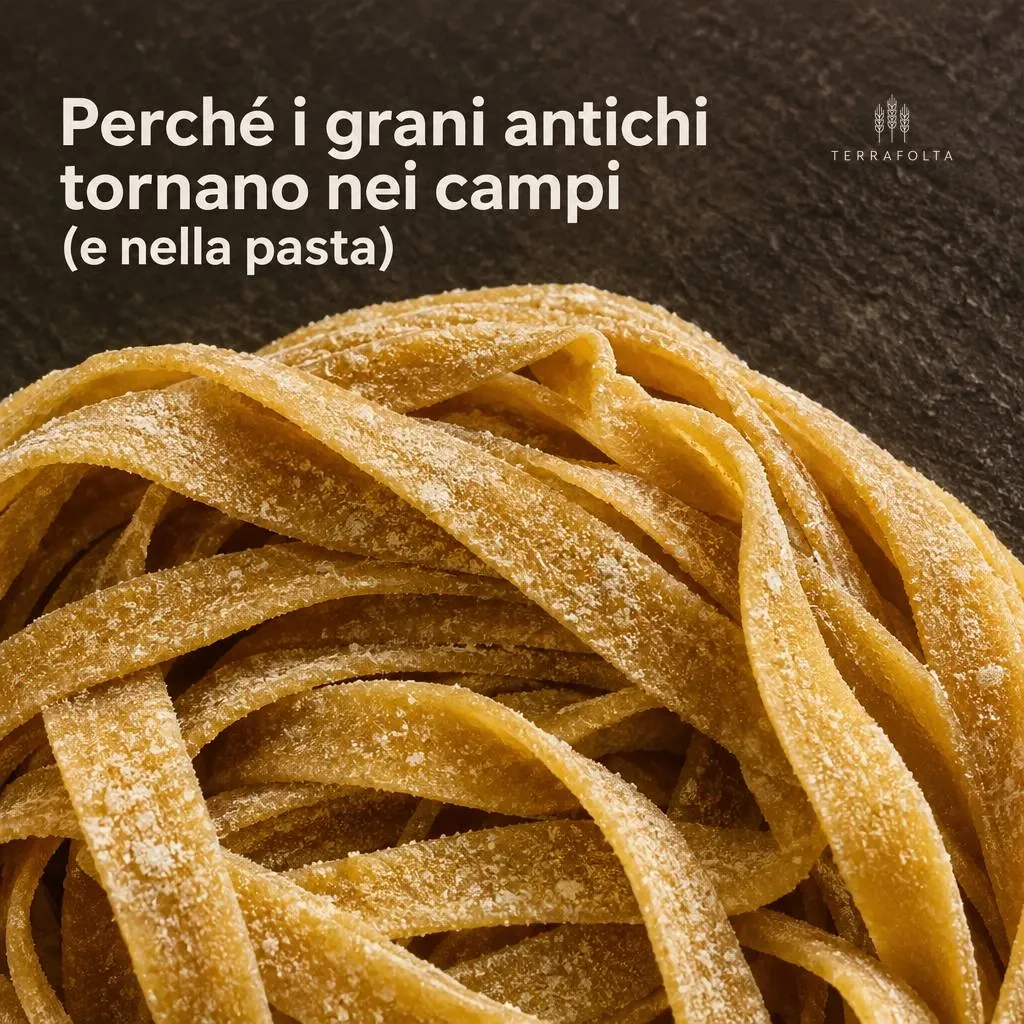 Creatività sui grani antichi con tipografia e dettaglio della pasta
