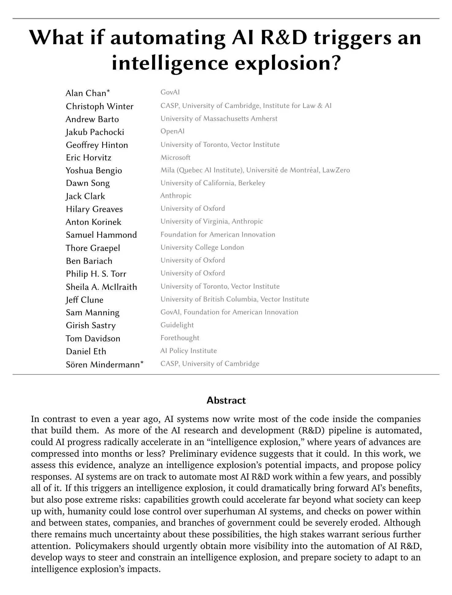 Prima pagina del working paper sull’automazione della R&D e l’intelligence explosion