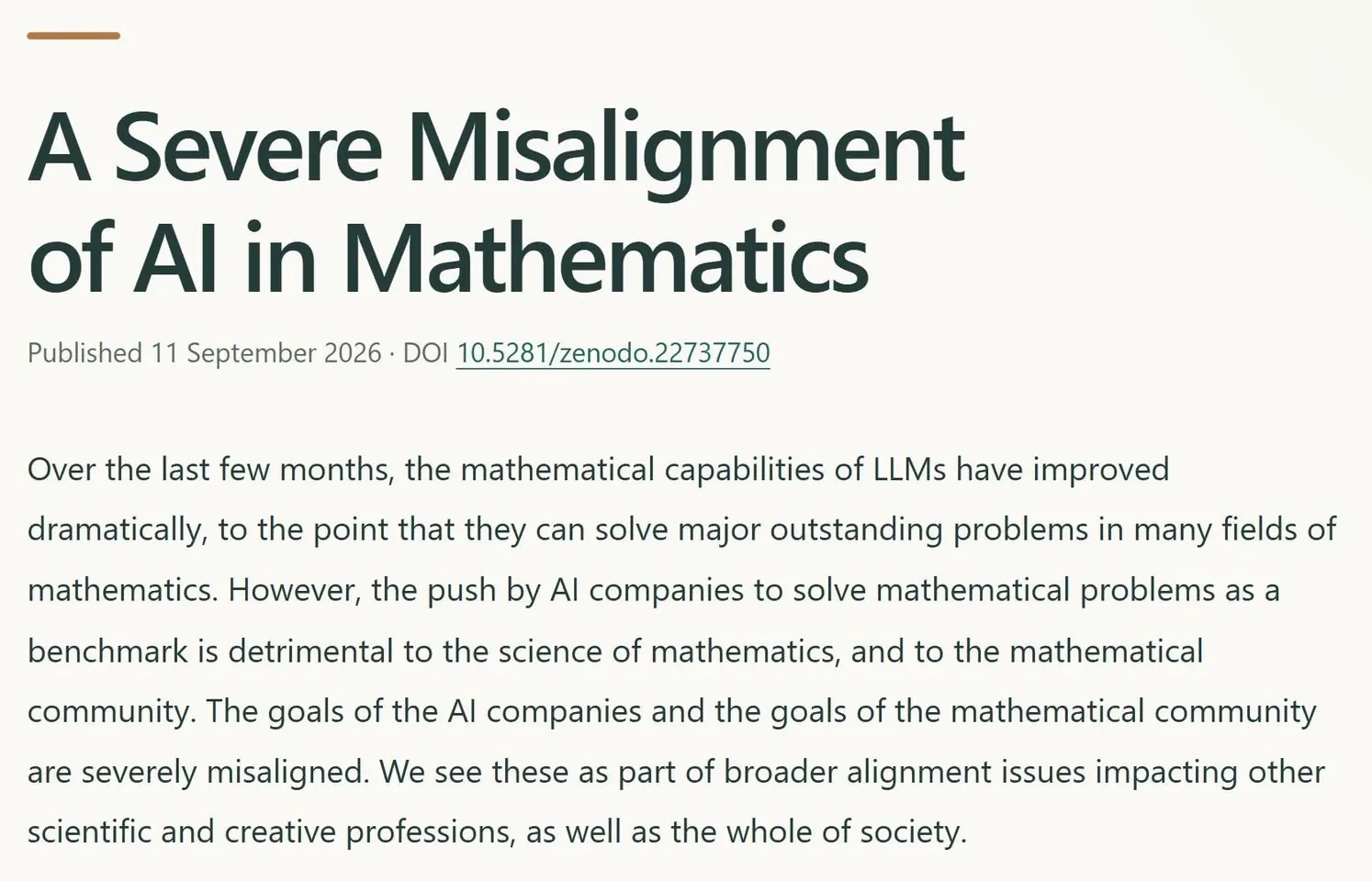 Titolo e apertura della dichiarazione A Severe Misalignment of AI in Mathematics