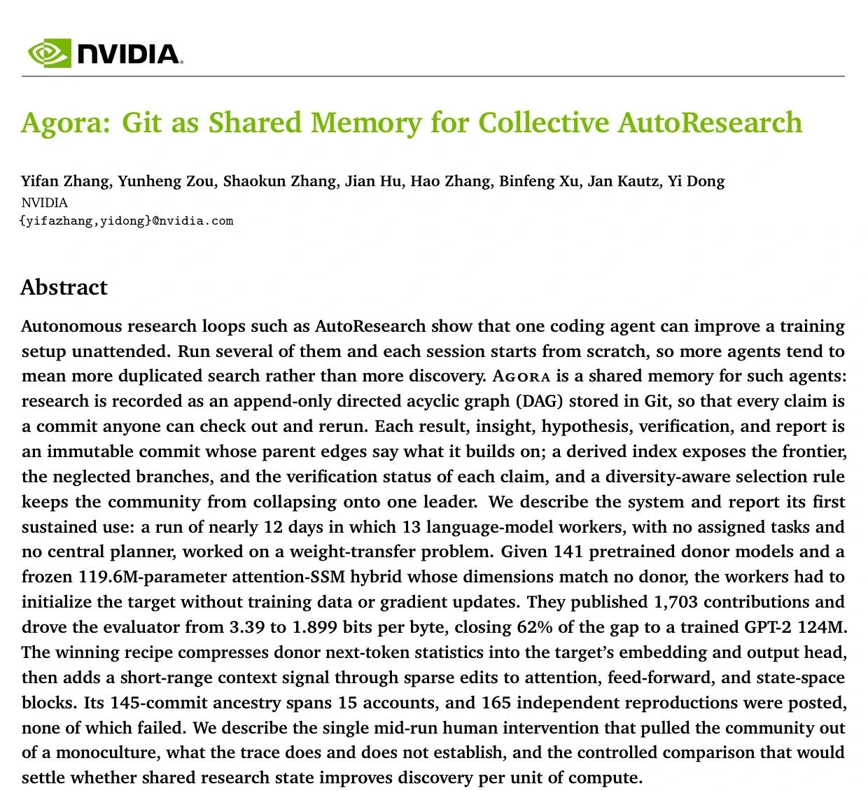Prima pagina del paper Agora sulla memoria Git condivisa per ricerca collettiva