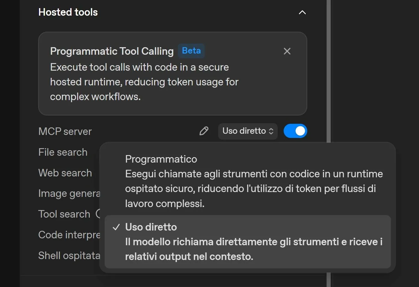 Schermata di configurazione del Programmatic Tool Calling e dell’uso diretto degli strumenti