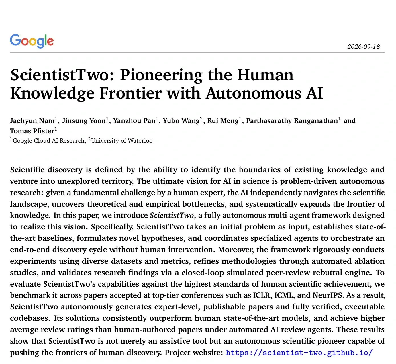 Prima pagina del paper ScientistTwo di Google Cloud AI Research