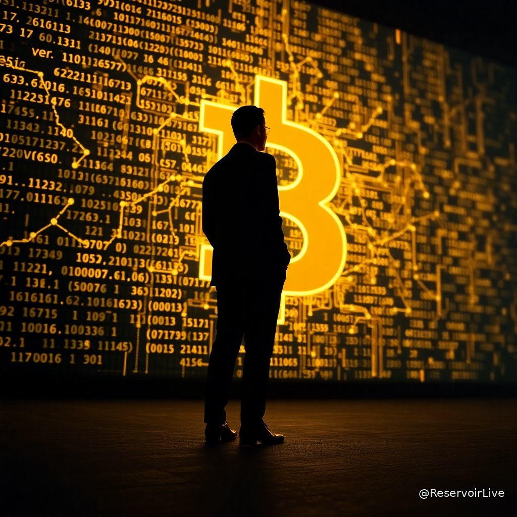 Portrait de Michael Saylor avec le logo Bitcoin et le symbole BIP-110 en arrière-plan