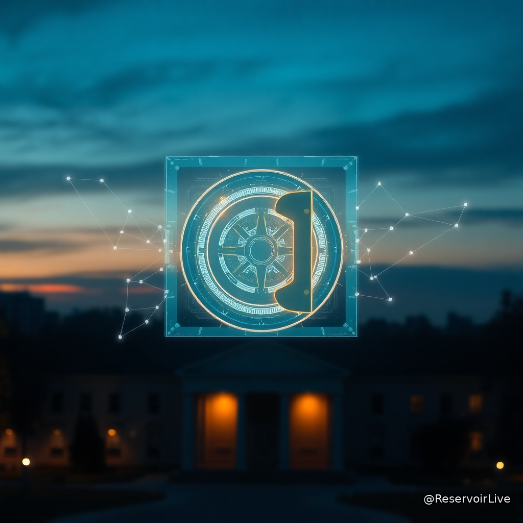 Illustration représentant un coffre numérique ou un symbole réglementaire avec le logo de la SEC, symbolisant la clarification du cadre réglementaire des protocoles DeFi