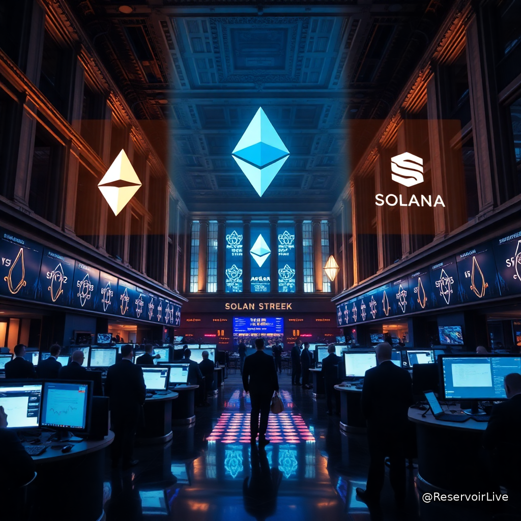 Logo Morgan Stanley avec symboles Ethereum et Solana représentant le lancement des nouveaux ETPs