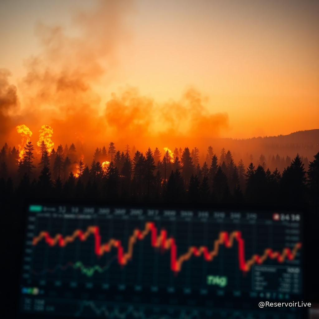 Représentation symbolique d'un marché de prédiction décentralisé avec régulation gouvernementale et incendies de forêt