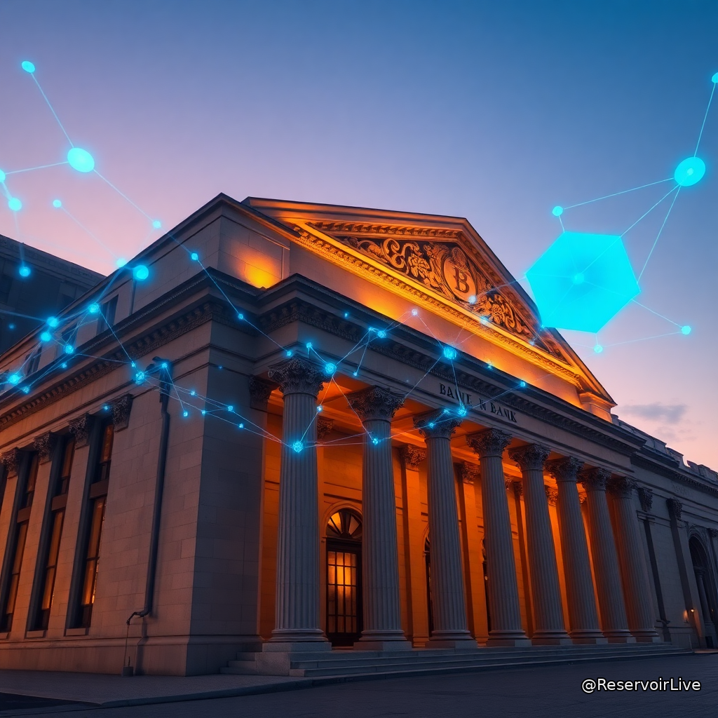 Logo de la Banque d'Angleterre avec symboles de blockchain et transactions numériques