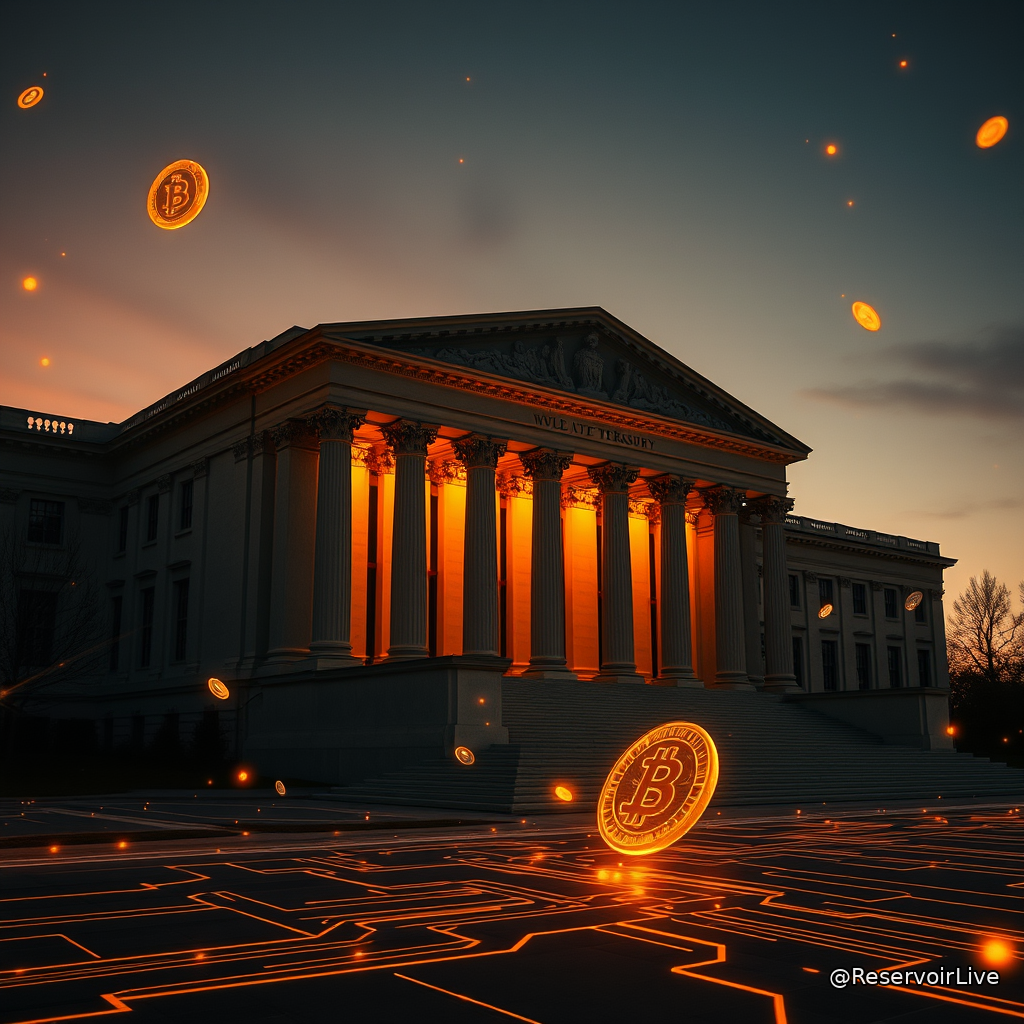 Logo de la GENIUS Act avec le Trésor américain et des symboles de stablecoins comme USDT et USDC