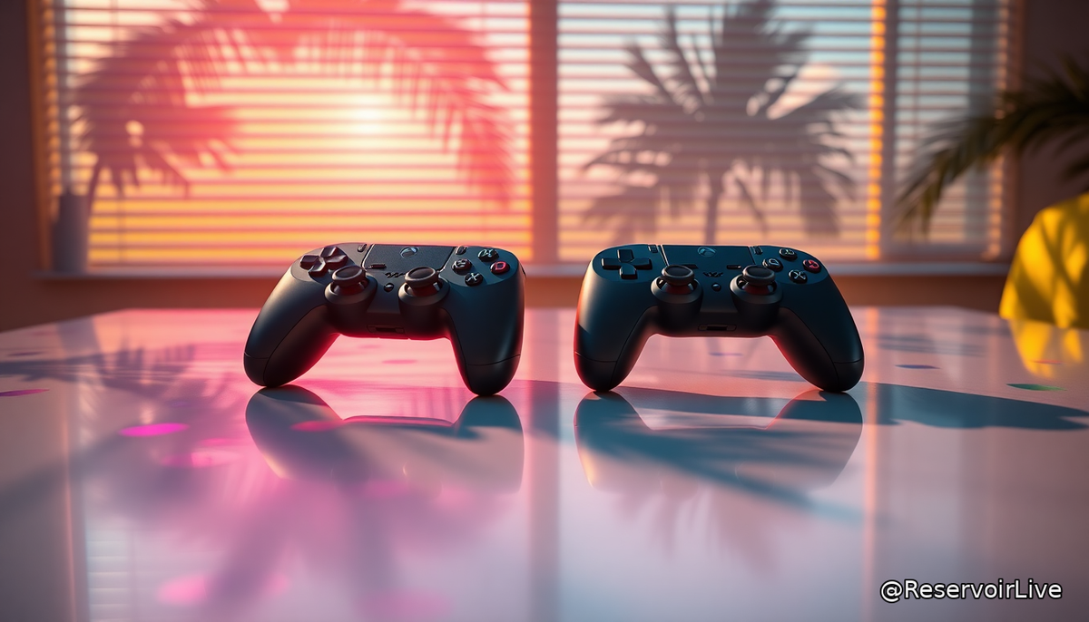 Les deux manettes DualSense édition limitée Grand Theft Auto VI aux couleurs de Vice City présentées lors du State of Play