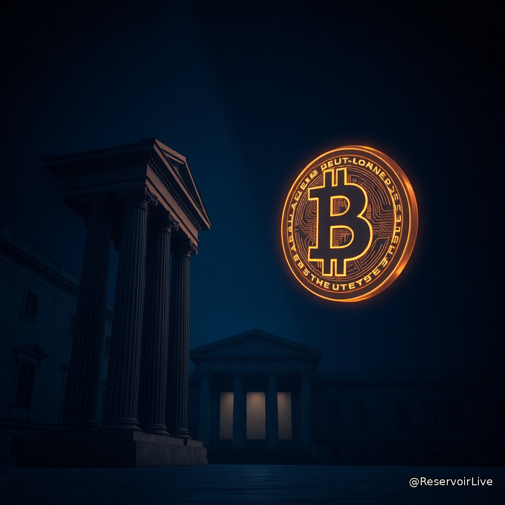 Illustration d'un conflit juridique entre Robinhood et AMC sur les stock tokens, symboles de blockchain et d'actions imbriqués