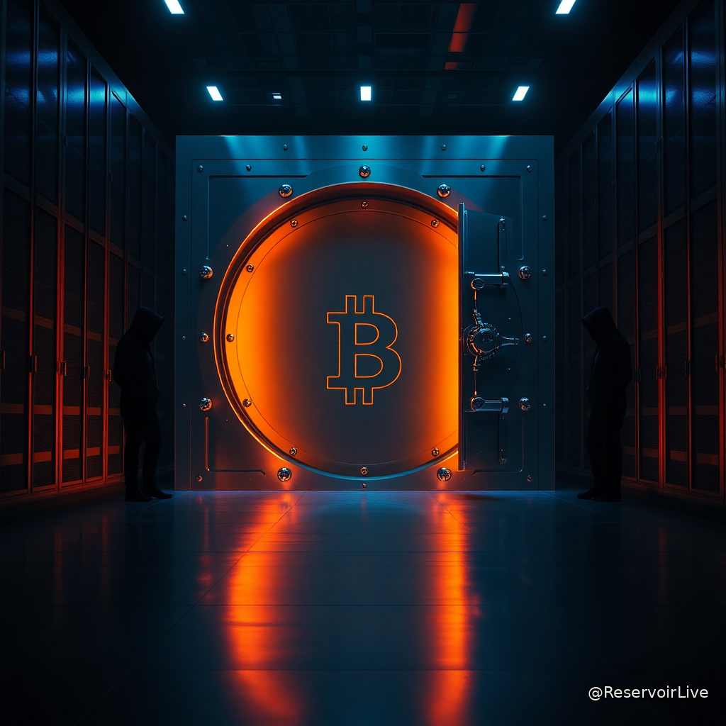 Illustration symbolisant une brèche de sécurité sur le réseau Liquid avec code binaire et logo Bitcoin