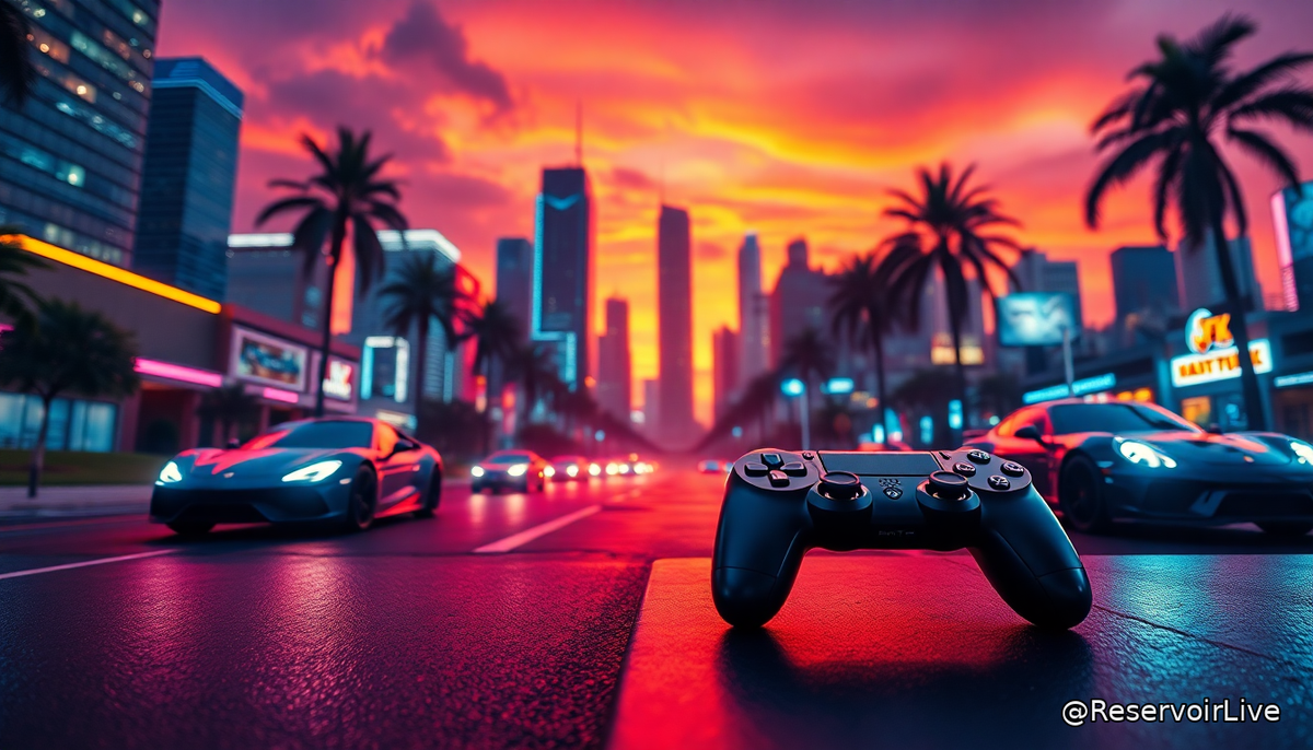 Logo de GTA 6 avec calendrier de lancement mondial et logos Xbox et PlayStation