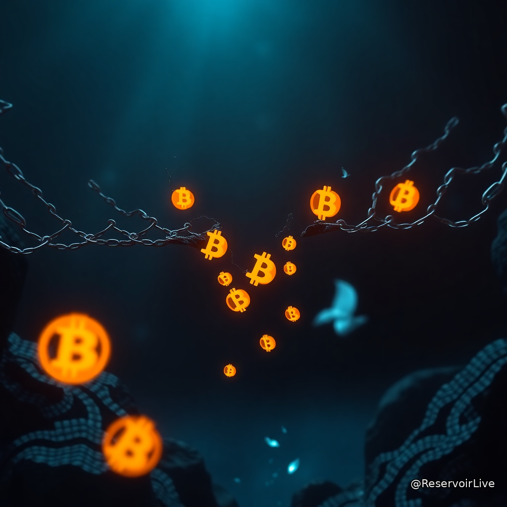 Illustration d'une attaque informatique sur un pont blockchain avec des bitcoins