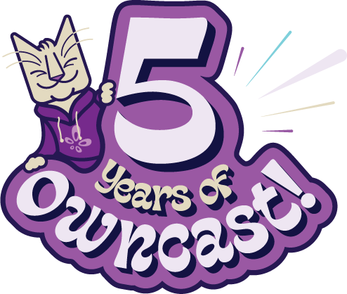 The Owncast cat, wearing an Owncast hoodie, peeking over a large sign that says "5 Years of Owncast!"