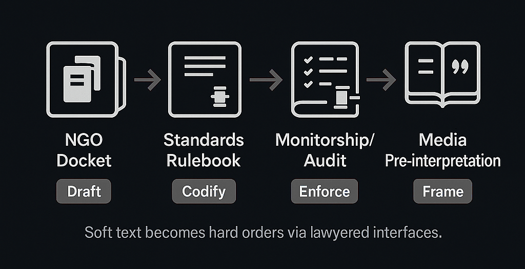 NGO drafts → standards codify → monitors enforce → media frame; lawyers appear at every step.