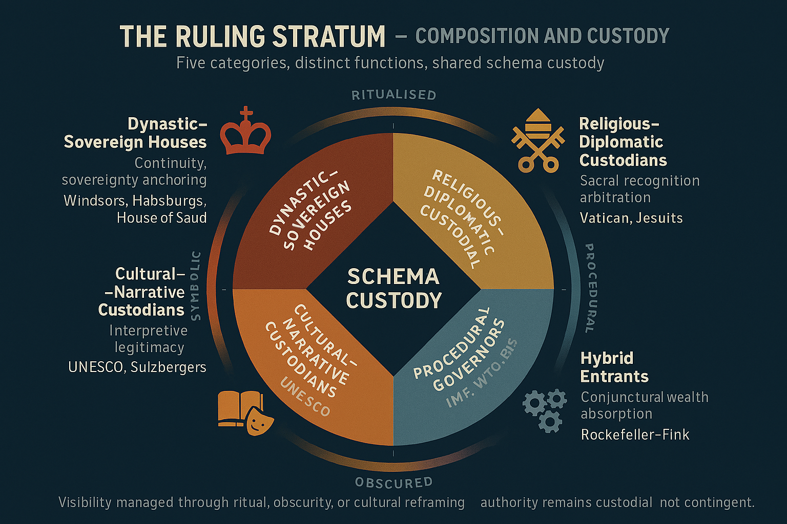 Visibility managed through ritual, obscurity, or cultural reframing — authority remains custodial, not contingent.