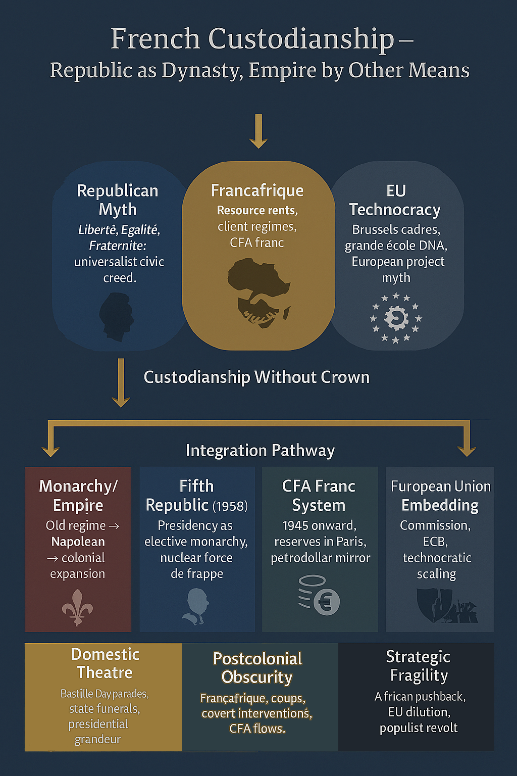Figure 5. French Custodianship – Republic as Dynasty, Empire by Other Means. French custodianship fuses republican myth, postcolonial Françafrique, and EU technocracy. Authority is staged through presidential theatre, sustained by monetary and military control, and obscured in covert interventions and elite bureaucratic networks.