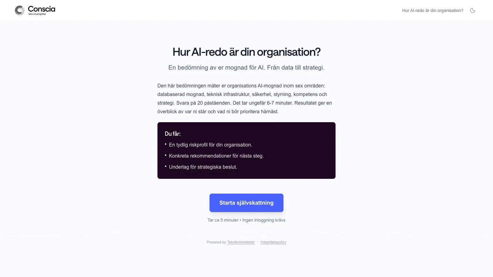 Conscias verktyg Hur AI-redo är din organisation, med de sex mätområdena och knappen Starta självskattning