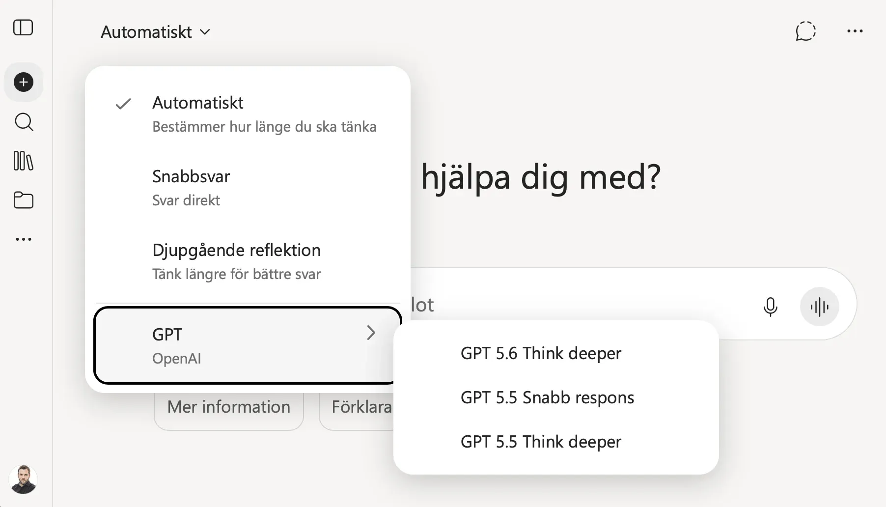 Modellväljaren i Copilot Chat med lägena Automatiskt, Snabbsvar och Djupgående reflektion samt en undermeny med GPT-modeller