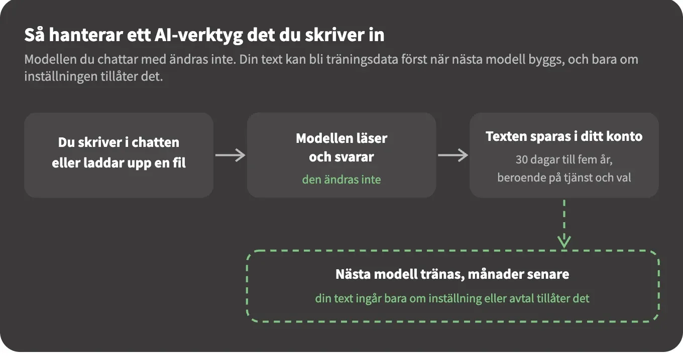 Flödesschema i fyra steg: du skriver i chatten eller laddar upp en fil, modellen läser och svarar utan att ändras, texten sparas i ditt konto i 30 dagar till fem år, och nästa modell tränas månader senare med din text bara om inställning eller avtal tillåter det