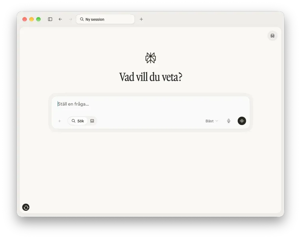 Perplexitys Mac-app med rubriken Vad vill du veta och en tom frågeruta