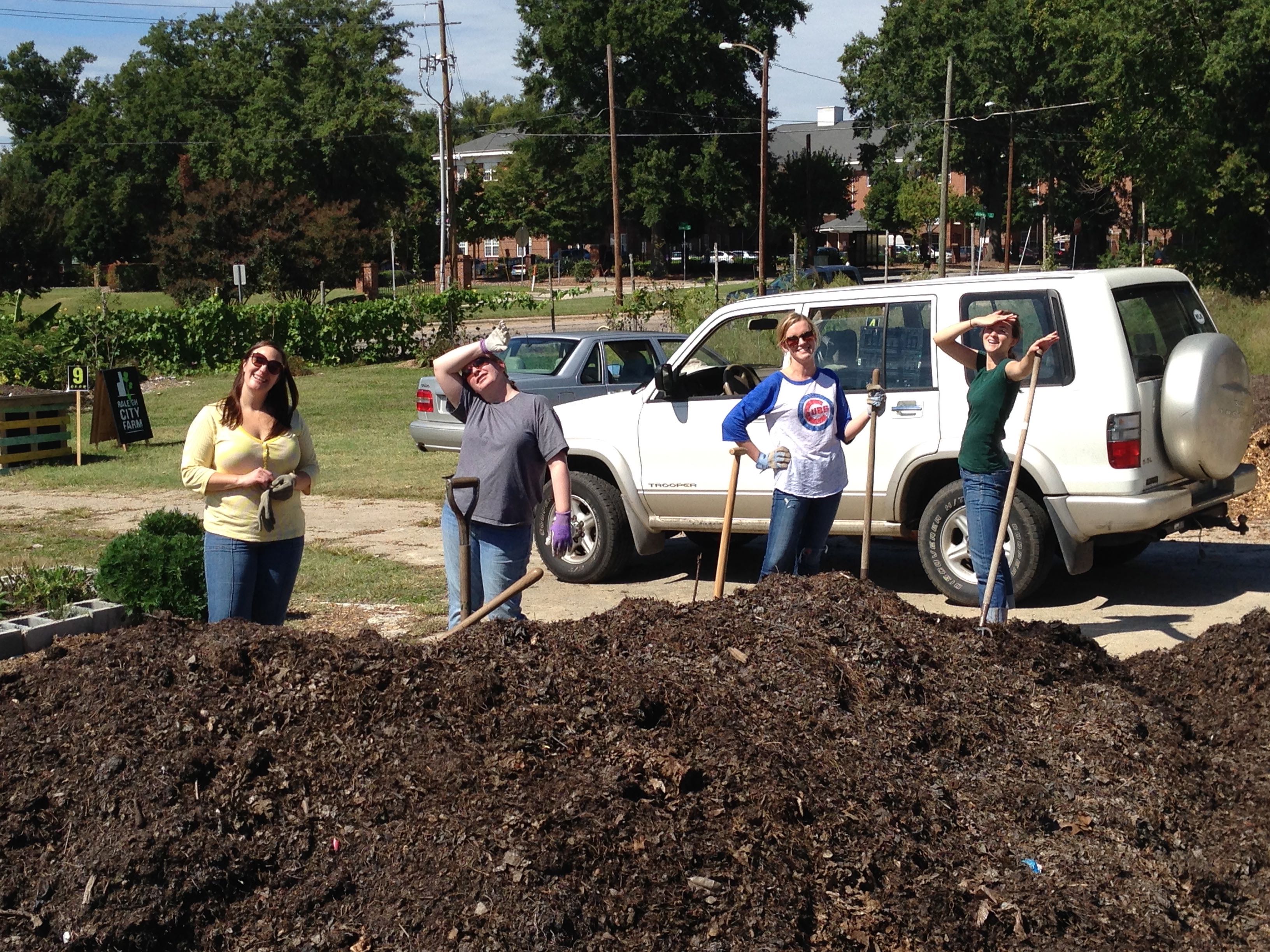 Sarah, Elizabeth, Mary Elizabeth, and Elise during our volunteer day at Raleigh City Farm (2013).