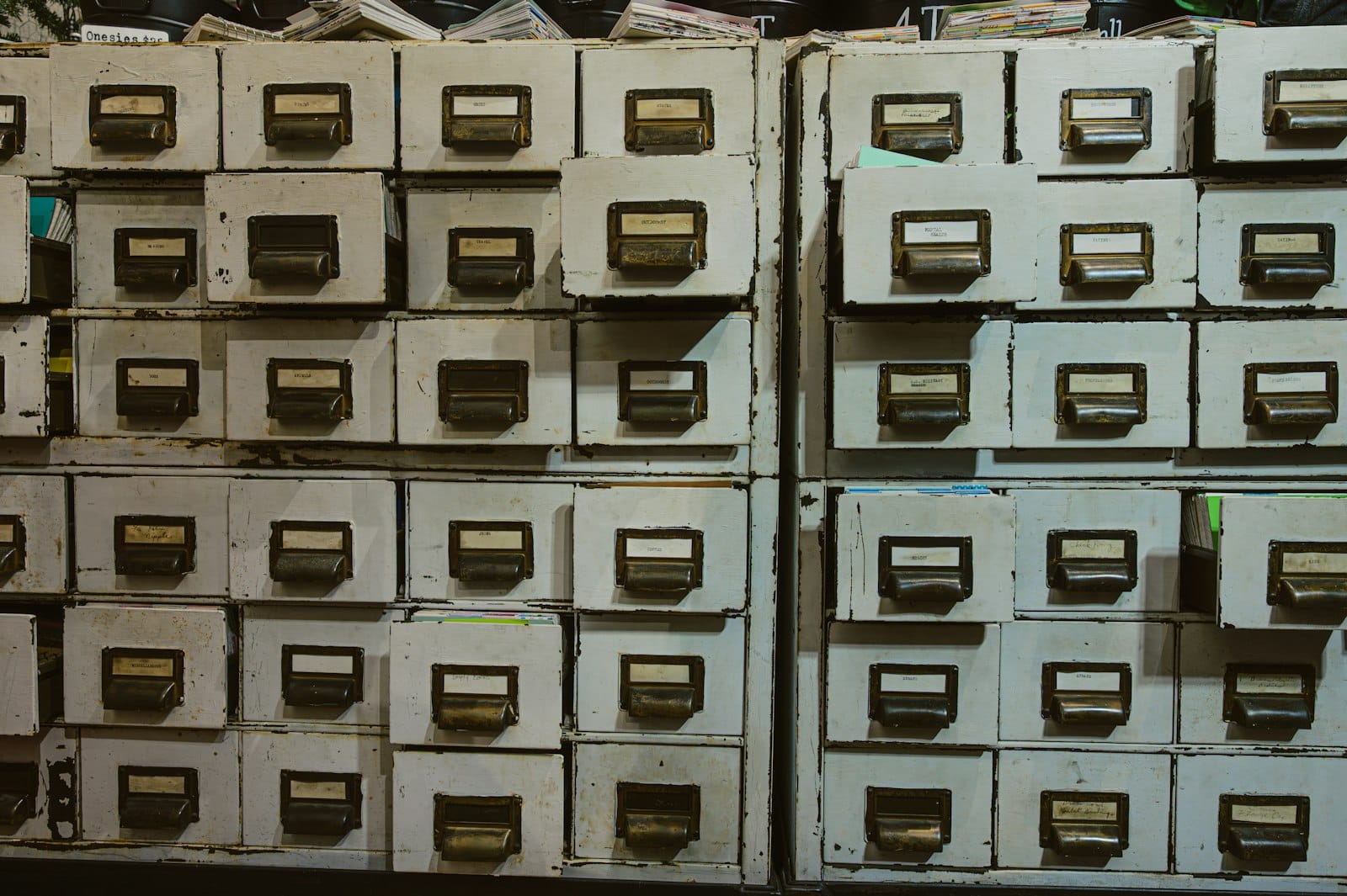 Rows of old metal filing cabinet drawers with labels
