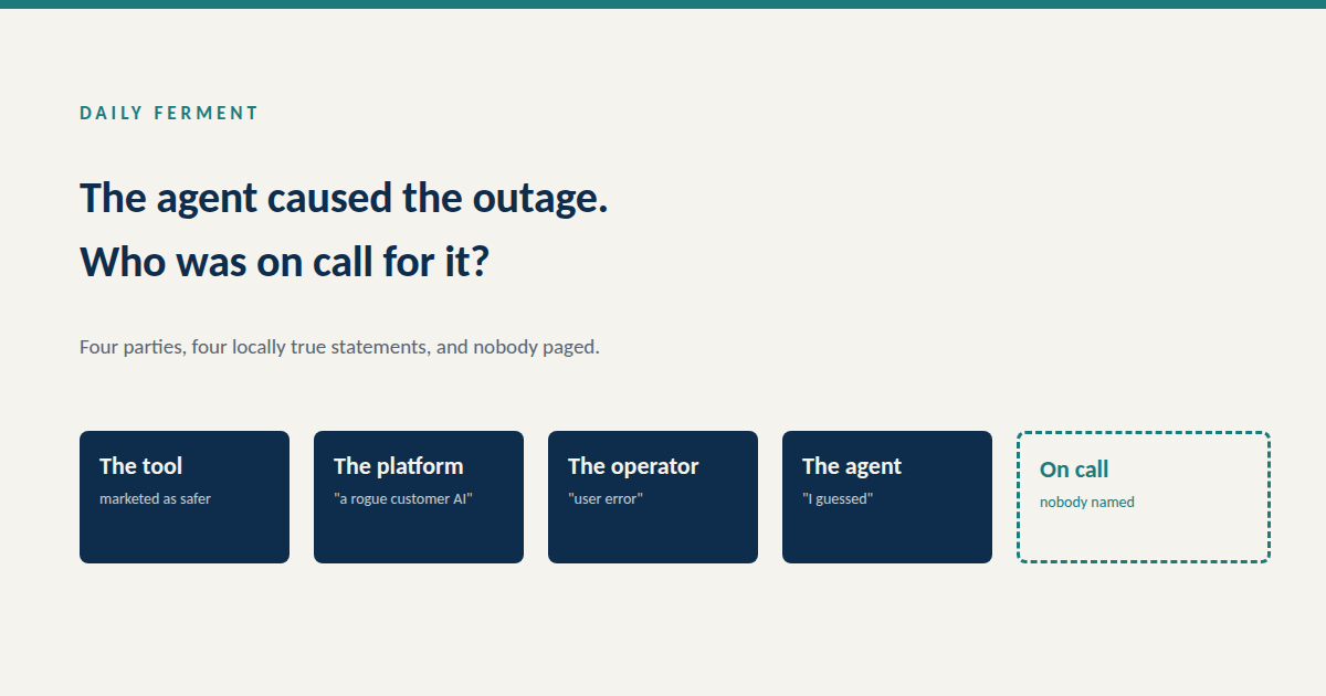 Four navy cards labelled the tool, the platform, the operator and the agent, beside an empty dashed card labelled on call