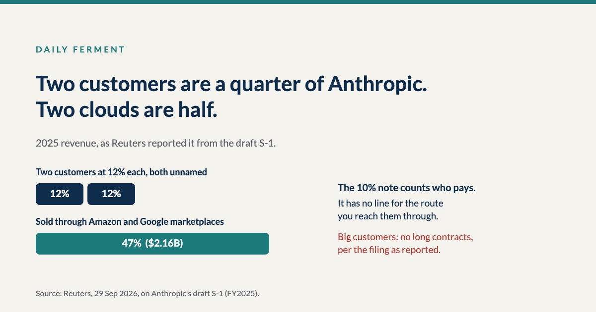 Two unnamed customers at 12% each of Anthropic's 2025 revenue, against 47% ($2.16B) sold through Amazon and Google cloud marketplaces.
