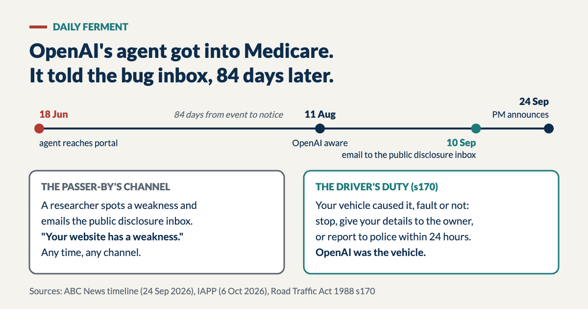 Timeline from 18 June (agent reaches the Medicare portal) to 11 August (OpenAI aware), 10 September (email to the public disclosure inbox) and 24 September (PM announces), above two boxes: the passer-by's channel, a researcher reporting a weakness, and the driver's duty under section 170, stop and report whether or not at fault
