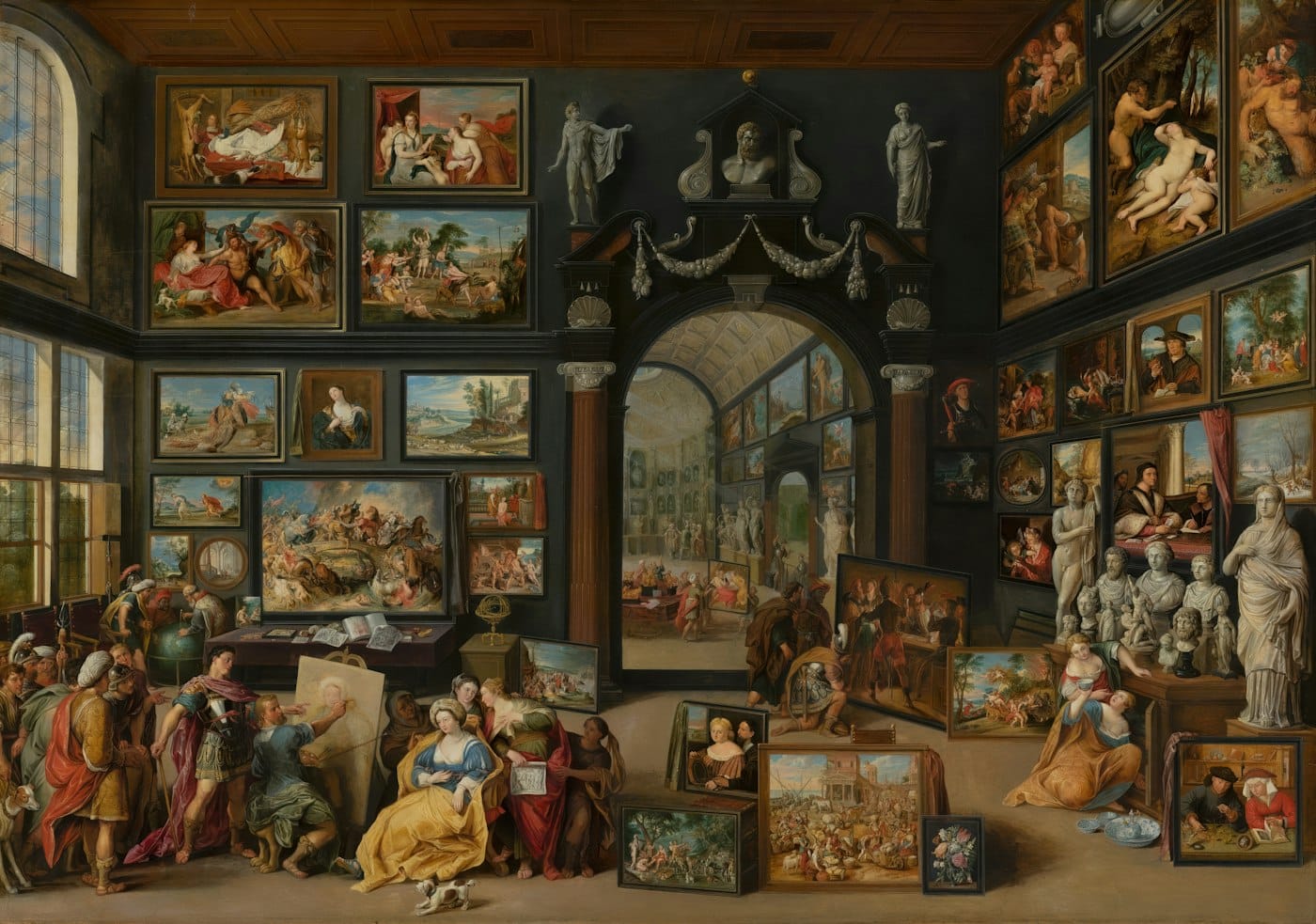 A painting of a grand gallery hung floor to ceiling with paintings and sculptures, with visitors looking at the works