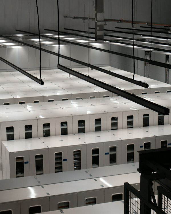 Rows of white server cabinets in a data centre in London