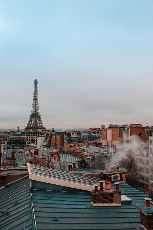 Paris rooftops with the Eiffel Tower in the distance