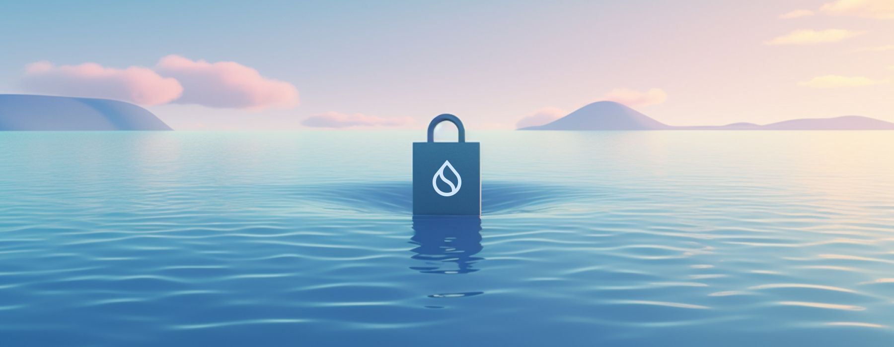 An illustrated lock with a Sui logo sits in the middle of an ocean with cloud and islands in the background.