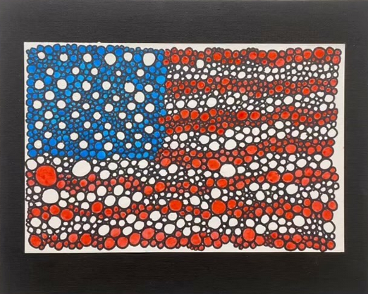 painting: 'Make America Circles Again!'; American flag on black background. Style is sort of pointilist but with fat bubble shapes.