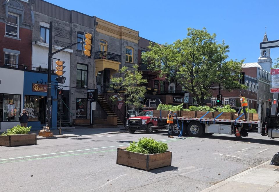 photo: Mont Royal Avenue, closed to traffic for the summer, workers installing planters