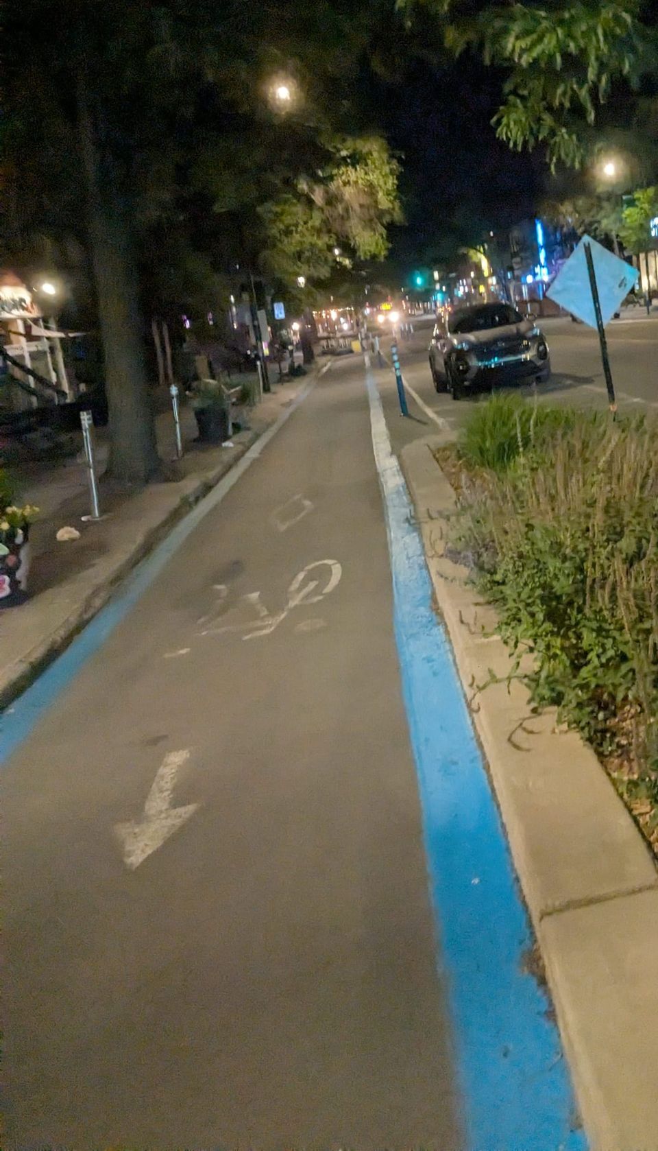 photo: street scene, bike lane with arrow pointing toward camera
