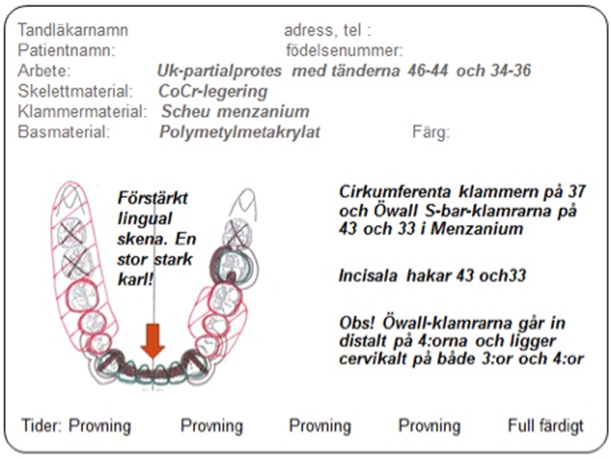 Receptformulär för underkäksprotes med förstärkt lingual skena och specificerade klamrar