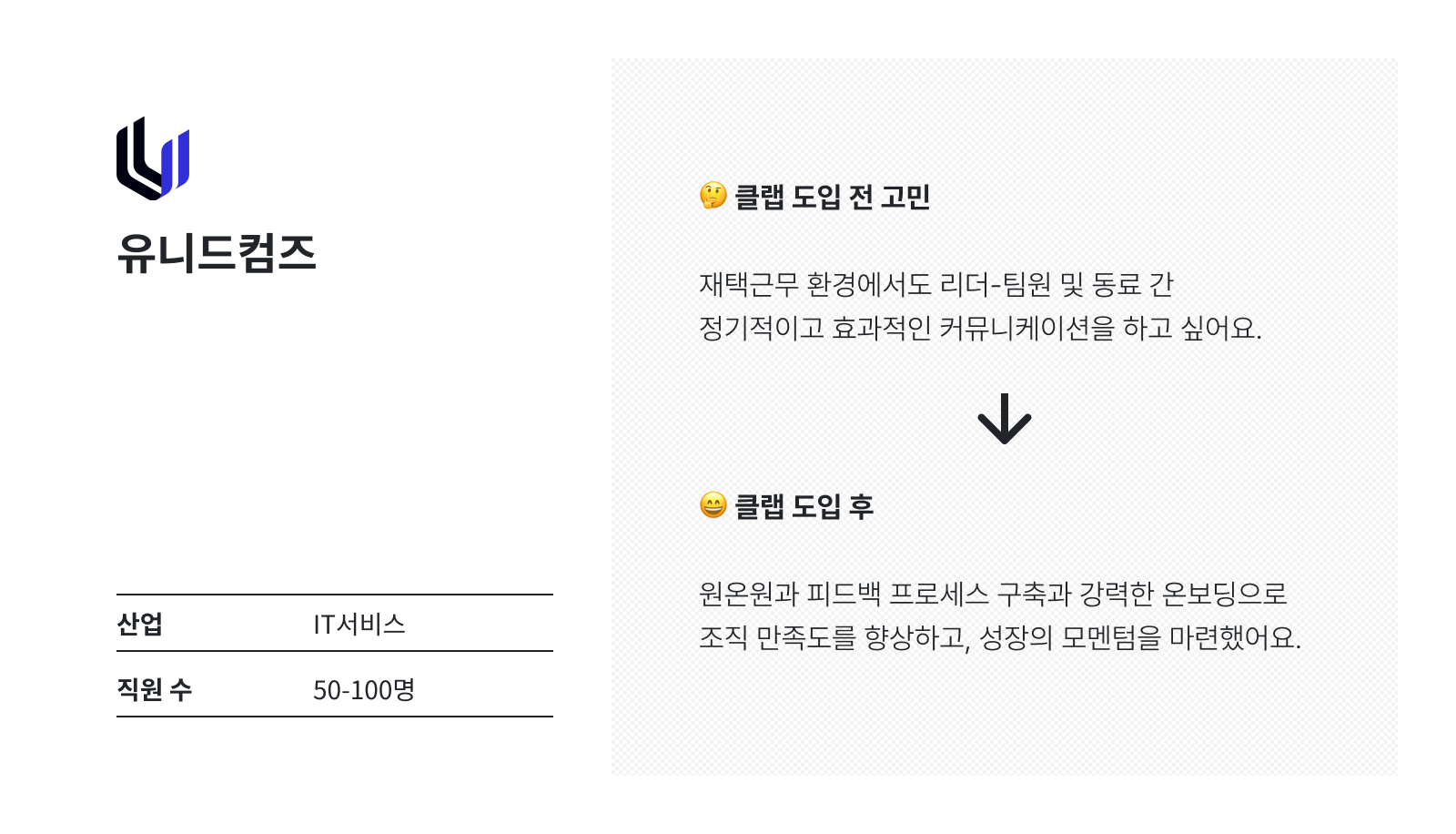 유니드컴즈는 CLAP 도입을 통해 하이브리드 근무 환경에서도 동료간 정기적이고 효과적인 커뮤니케이션을 할 수 있도록 만들고 싶었습니다